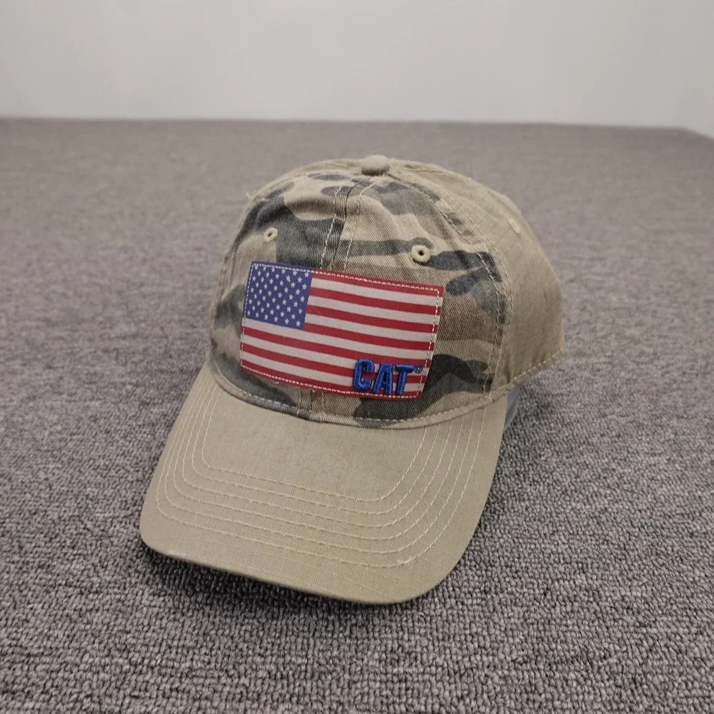 CAT Hat Cap Strap Back Mens One Size Beige Camo USA Flag Patriotic Baseball